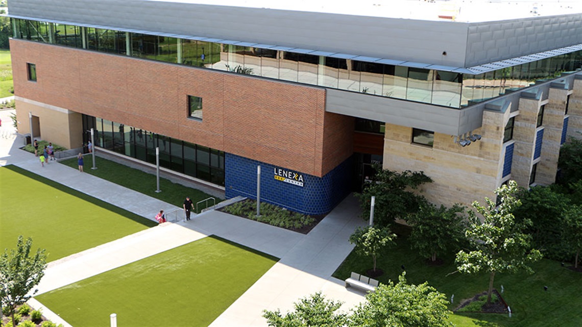 Looking down at Lenexa Rec Center exterior