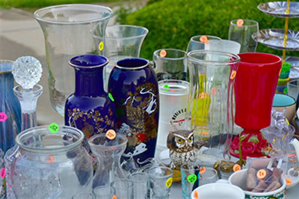 Glass items at a garage sale