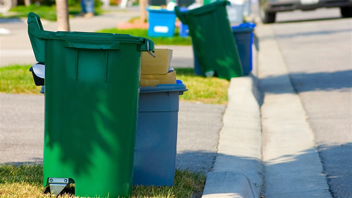 Trash and recycling bins next to curb