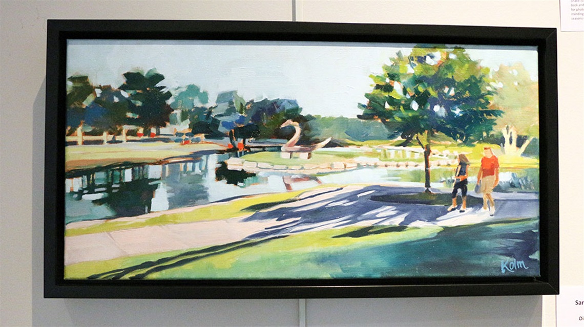 Painting of people walking around Rose's Pond with The Serpent at Sar-Ko-Par Trails Park