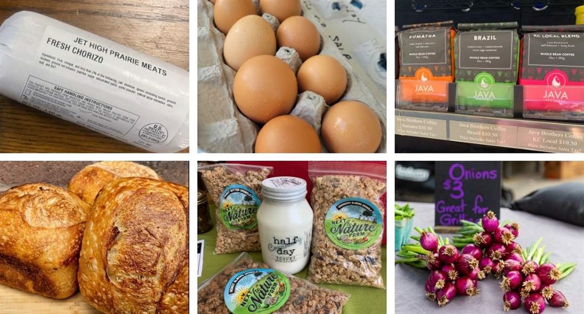 Photo collage showing package of chorizo sausage, carton of eggs, bags of whole bean coffee, bundles of spring onions, jar of yogurt surrounded by packages of granola, loaves of sourdough bread
