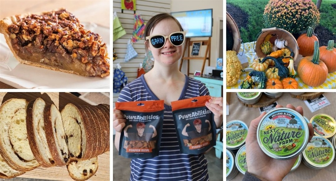 Collage showing slice of pecan pie, sliced cinnamon raisin bread, woman in sunglasses holding pumpkin-flavored dog treats, gourds and pumpkins and mums, hand holding Orchard Blend lotion bar in a tin