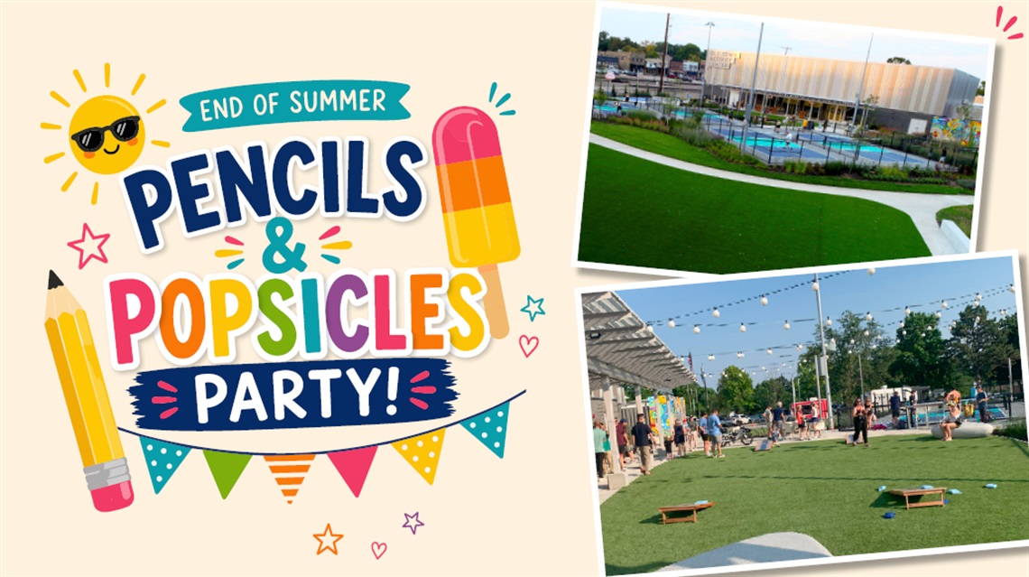 Old Town Activity Center campus with text Pencils & Popsicles Party