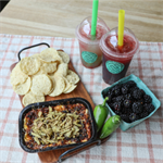 Jalapeno popper dip, berry patch bob and watermelon kiwi boba made by Cardboard Corner Cafe
